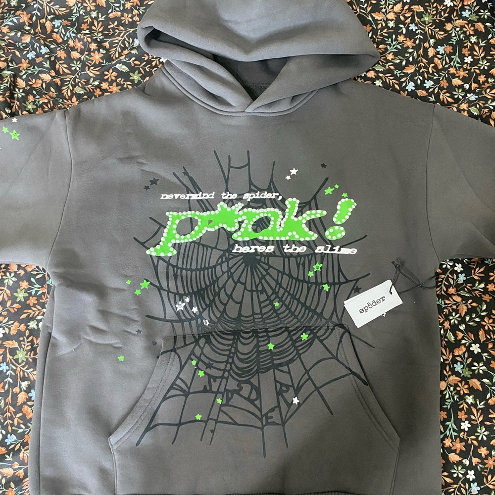 sp5der Men's Gray Hoodie with Green Graphic